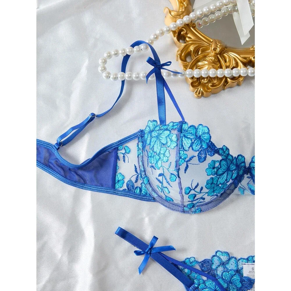 Lilosy Petite Blue Sexy Underwire Push Up Strappy Heart Embroidered Mesh XS